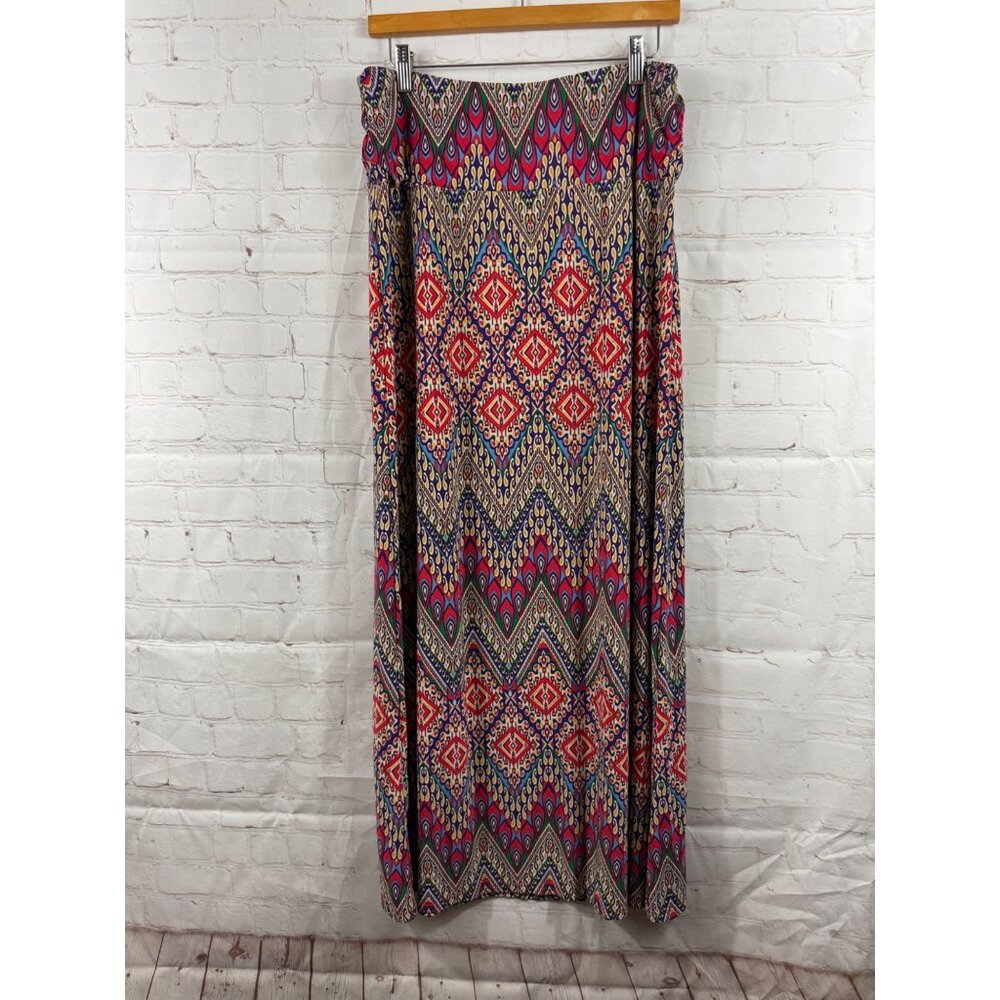 Cato Maxi Skirt Womens Size Medium Red Tan Blue Aztec Pull On Stretchy